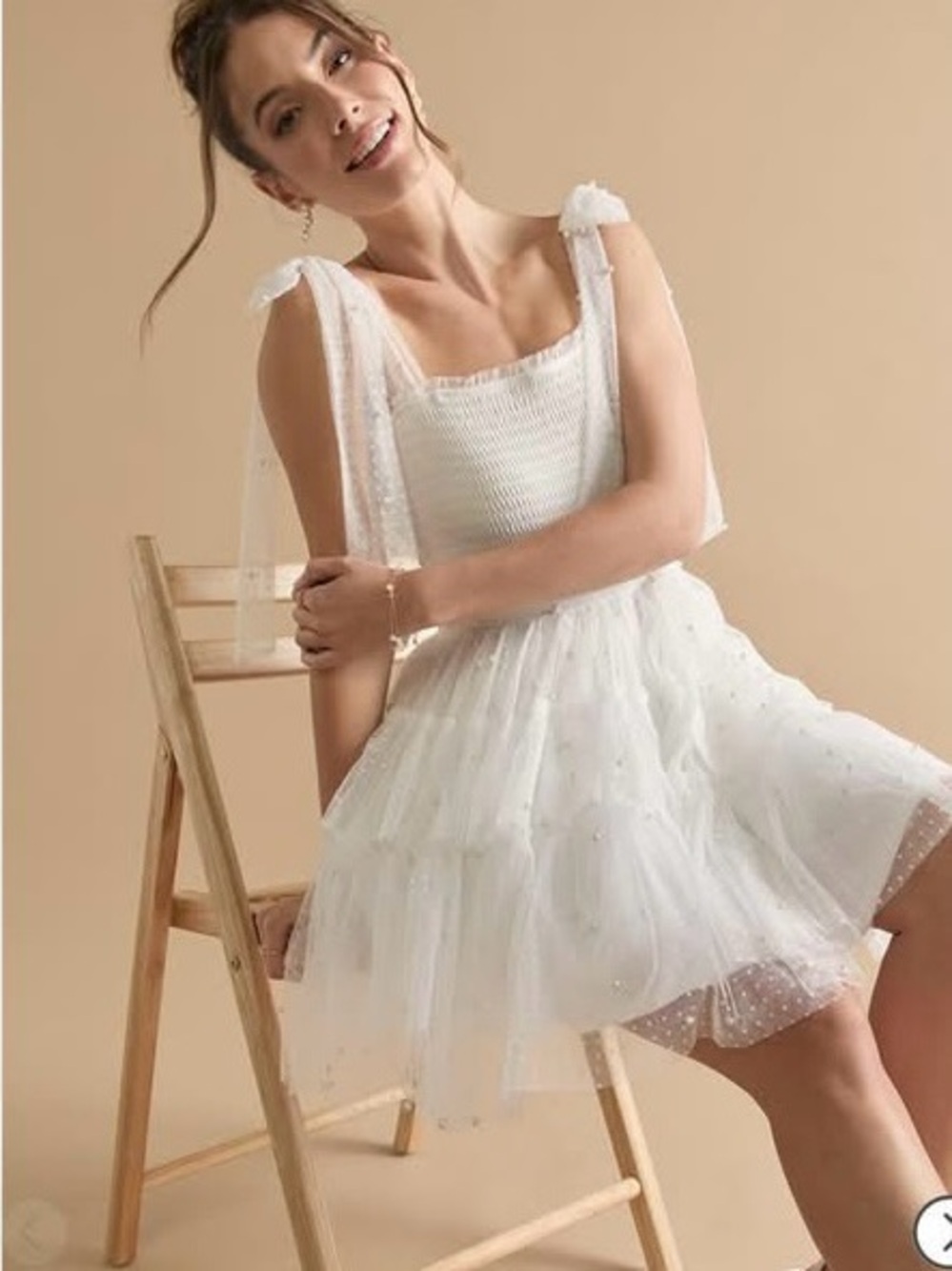 Francesca's Collections White Tie-Shoulder Tulle Pearl Mini Dress Medium - Picture 2 of 7